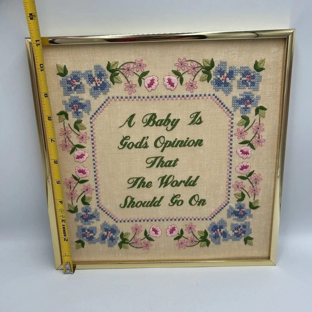 Vintage Needlepoint Embroidery Floral Text Gallery Wall Art Wood Frame beautiful